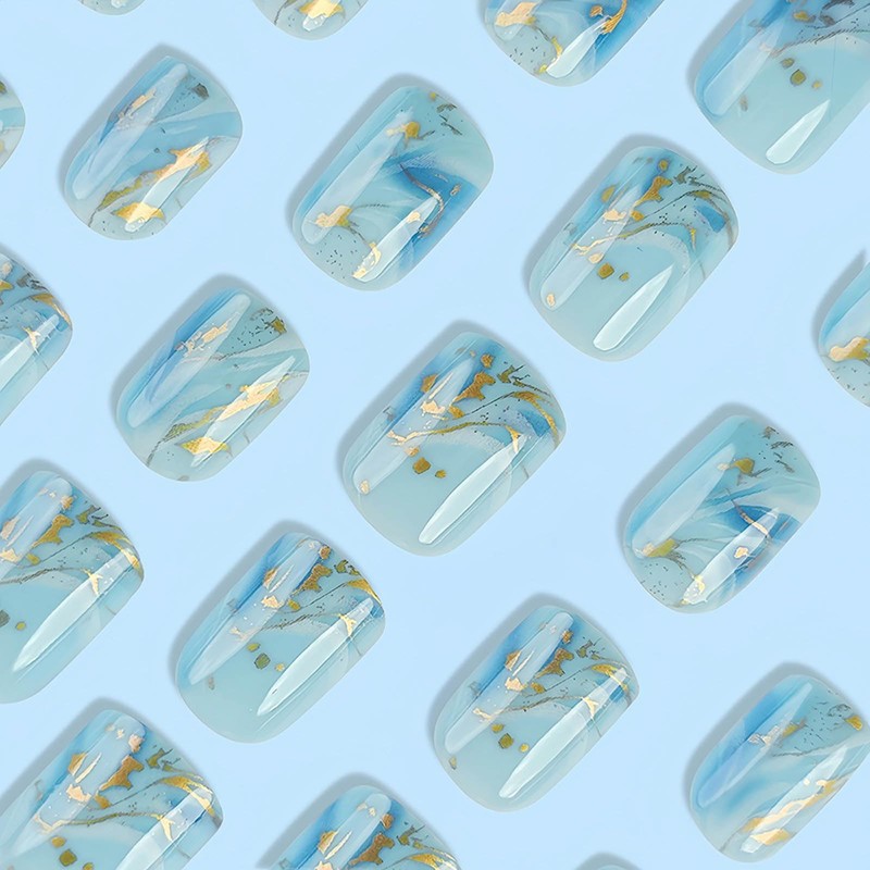 Rchovsam Blue Marble Press on Nails Short Square Nails Press