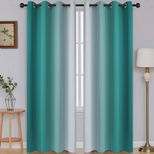 SimpleHome Ombre Room Darkening Curtains for Living Room, Light Blocking Gradient Teal to Greyish White Thermal Insulated Grommet Window Curtains/Drapes for Bedroom, 2 Panels, 52x96 inches Length