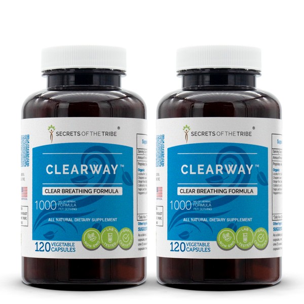 Secrets of the Tribe Clearway, 120 Capsules(2 pcs.), 1000 mg, Licorice, Chaparral, Ginger, Coltsfoot, Sage, Peppermint. Hertbal Clear Breathing Formula 2x120 Capsules