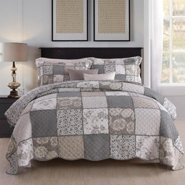 ABREEZE Grey Rose Floral Patchwork Quilts Cotton Queen Size Quilted Comforter Set Rustic Country Coverlet Bedspread Set 3-Piece
