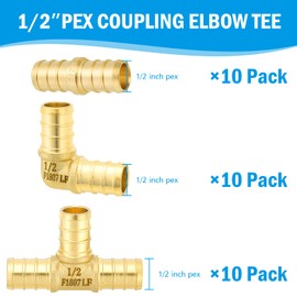 (Znkiok 30 Pack Set,)1/2 Inch Pex Fittings,10 Each 1/2'' Elbow Tee Coupling,1/2" Brass Fittings For Pex B And C Pipe,No Lead Brass,NSF,UPC Certified.