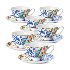 BTaT- Floral Tea Cups and Saucers, 8 oz, Tea Cups Set of 6, Porcelain Tea Cups, Cup & Saucer Sets, Tea Cup Set of 6, Tea Cup Sets for Adults, Tea Cups and Saucers Set of 6, Tea Cups and Sets
