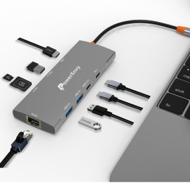 PowerEnvy USB C Laptop Docking Station Hub, 9-in-1 USB Adapter Multiport HUB with 100W Type C Charging 5Gbps+USB Port+4K+HDMI Port+1000M Ethernet TF/MicroSD Data Transfer Port for Dual Monitor