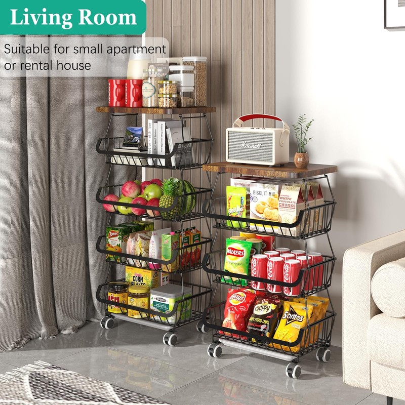 CHLORYARD Fruit Basket with Wooden Lid for Kitchen, 4-Tier Stackable