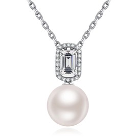 Jiahanzb Pearl Necklace Pearl Pendant Diamond Pearl Necklace for Women Sterling Silver Pearl Necklace for Women Cubic Zirconia Diamond Pearl Necklace 12mm White Pearl Necklace for Wedding Bridal