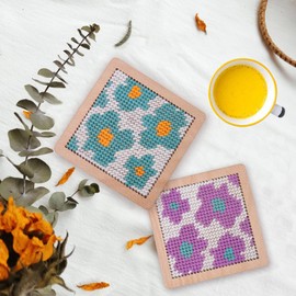 Yushen 4Pcs Flower Coaster Needlepoint Kit for Adult Cross Stitch Kits DIY Adults Needlepoint Embroidery Starter Set with Patterns Embroidery Needles Threads Crafts (Flower)