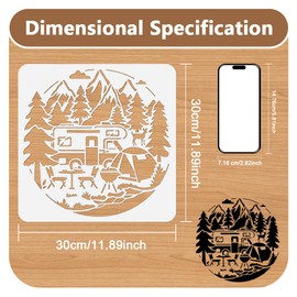 Camping Schablone Bemalen 30 × 30cm Wiederverwendbare RV Schablone Bergbaum Zeichenvorlage Picknick Im Freien DIY Handwerk Farbe Vorlage Wand Home Decor Holz Brennen Karte Journal Leinwand