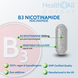 Health4All Vitamin B3 Niacin as Nicotinamide (Niacinamide) 500mg 90 Capsules (V) Purest, No Additives, Vegan, Gluten Free No-Flush Niacin Capsules