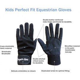 FINGER TEN Kids Horse Riding Gloves Youth Non Slip Grip, Boys girls Equestrain Breathable Stretchable Sweat Absorbent fit All Seasons for Cycling Sport School Bike (Black, XL)