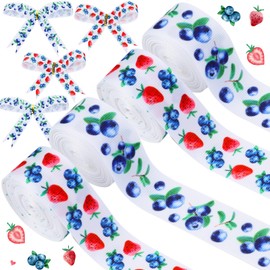 Cheerupp 4 Rolls Berry Themed Ribbons, 20 Yards Strawberry Blueberry Craft Ribbons for Wreath Hair Bow Wrap Gifts, Red Blue Grosgrain Ribbons Birthday Wedding Gender Reveal Party Accessory Decorations