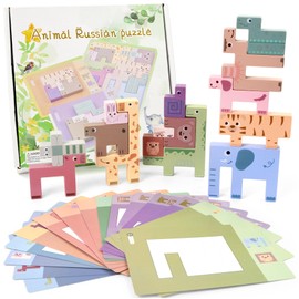 Vileafy Wooden Animal Puzzle Blocks for Toddlers -Montessori Preschool Toys & Sensory Stacking Game -Learning Resources Toy Animals Figures Building Blocks with Shape Cards for Kids 3-5