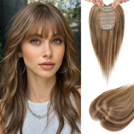 Flufymooz - Parrucche con base di seta in capelli umani reali per donne, 25 cm con clip e frangia, 100% capelli umani per capelli sottili, copertura per capelli con densità 150% - Marrone medio con