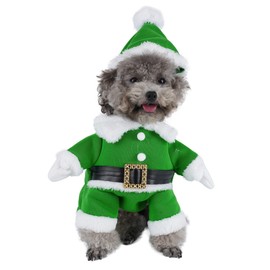 Mogoko Dog Cat Christmas Santa Claus Costume, Funny Pet Cosplay Costumes Suit with Cap, Puppy Fleece Outfits Warm Coat Animal Festival Apparel Clothes Green Size XL for Small Breeds Dog