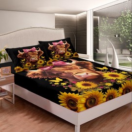 Feelyou Highland Cow Fitted Sheet Queen Size Highland Cattle Bedding Set for Boys Girls Teens Animal Bed Sheet Set Wildlife Bed Cover Room Decor Black Yellow Bed Set