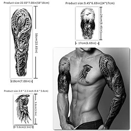 Yazhiji 46 sheets Full Arm Skull Temporary Tattoos For Men Half Arm Shoulder Angel Tattoo for Ladies Fake Waterproof Wolf Lion Stone Tattoo Stickers For Adult or Kids