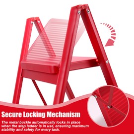 3 Step Ladder Stool for Adults, Folding Steel Step Stool w/Wide Anti-Slip Pedal, Ergonomic Design & Handrail, Lightweight, Portable for Home/Kitchen/Office,Red