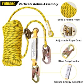 Yubisec Rope Harness Safety Lanyard 100FT, Vertical Lifeline Assembly with Grab Snap Hooks Shock Absorber, Fall Protection Tree Climbing Lifeline Kit, Heavy Duty Roof Safety Equipment ANSI CE