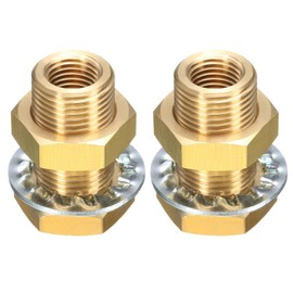 sourcing map 2Pcs Brass Bulkhead Fitting NPT 1/4" Female Double Threaded Water Tank Connector with Seal Washers for Rain Bucket Sinks Aquariums