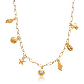 Seashell Starfish Beach Necklace Gold Sea Shell Pearl Fish Turtle Beachy Charm Choker Necklaces Boho Hawaiian Vacation Ocean Jewelry Tropical for Women (Shell charms)