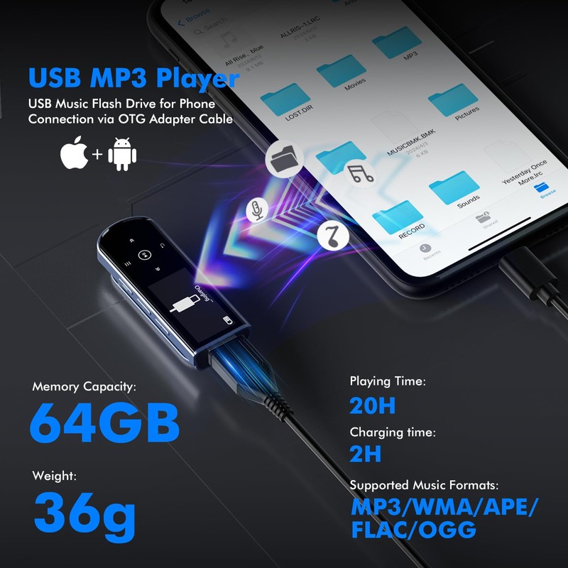 RUIZU 64GB USB MP3 Player with Bluetooth 5.3, Clip on