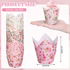 Whaline 180Pcs Floral Tulip Cupcake Liners Greaseproof Muffin Baking Liners Pink Flower Tulip Cupcake Wrappers Baking Cup for Spring Wedding Bridal Shower Birthday Tea Party Decor