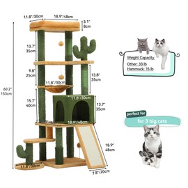 YITAHOME 60in Cactus Cat Tree: Multi-Level Tall Kitty Tower Indoor, Large Kitten Condo with Plush Platform, Hammock, Scratching Posts, and Dangling Balls for 2-3 Cats