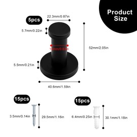 JANDH Towel Hooks, Black, Pack of 5 Coat Hooks, Matt Black, 53 mm, Towel Hooks for Drilling, Bathroom Hooks with Screws and Expansion Tube, Suitable for Kitchen, Bathroom and Bedroom