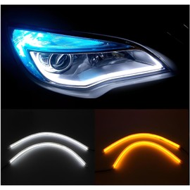 Vmingo Luz Led DRL Diurna Tira Flexible 30cm de Circulación para Auto Moto Universal Direccional y Secuencial Auto Impermeable | 2pzs (Blanco/Amarillo)