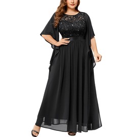 Miusol Women's Plus Size Sequin Lace with Ruffle Cape Cloak Sleeves Elegant Evening Wedding Party Maxi Dress Black