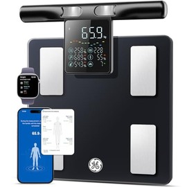 GE Scale for Body Weight, 8-Electrode Smart Bathroom Scale with Full Body Composition Analysis, Bluetooth App Sync, Large Handle Display, 180kg Capacity Weighing Scale for Home & Gym, 300mm Black