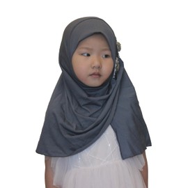 Modest Beauty Soft Instant Hijab for Kids Girls Muslim Headscarf Islamic Scarf Shawl Wrap with Flowers, Gray-2 Flowers, age 2-6