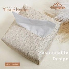 HOMOTEK 2 Pack Tissue Box Cover,PU Leather Tissue Holder,Square Decorative Facial Tissue Cube Paper Organizer Dispenser for Bathroom, Night Stands, Desk, Car 5X5X5'' - Rattan Weave, Ivory