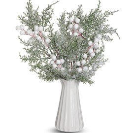 Riceshoot 14 Pcs 15.8" Snowy Cedar Branches Christmas Picks and Sprays Flocked Spray Berries Winter Greenery Stems Artificial Frosted Christmas Decorative for DIY Xmas Garland Wreath(White)