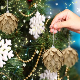 Jetec 8 Pieces Christmas Tree Ornaments Glitter Christmas Tree Hanging Decoration Decorative Artificial Pine Cones Flowers Hanging Ornaments for Christmas Winter Wreath Holiday Decor(Gold)