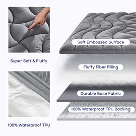 SLEEP ZONE Grey Queen Waterproof Mattress Pad, Premium Soft Embossed Mattress Topper, Quilted Fitted Mattress Protector Cover with Elastic Deep Pocket (Grey, Queen)
