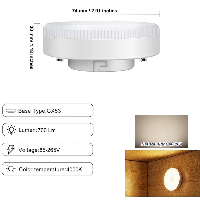 GX53 LED Light Bulbs 7W, 50W Halogen CFL Replacement, 120V