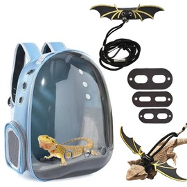 kathson Bearded Dragon Carrier with Harness and Leash Set, Large Reptile Travel Carrier Portable Lizard Backpack Clear Small Animals Carrying Bag for Gecko Hamster Rabbit Hedgehog Kitten (Blue)