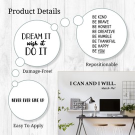 Motivational Wall Decals - Set of 4 Black Vinyl Quotes Be Kind, Never Ever Give Up, Dream It - Bathroom Mirror Sticker