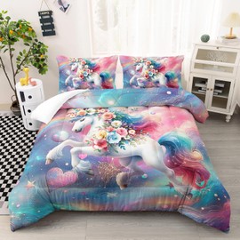 Ntlfup Unicorn Queen Size Bedding Set for Girls, Dreamy Unicorn with Flowers Comforter Set, Unicorn Room Decor with 2 Pillowcases