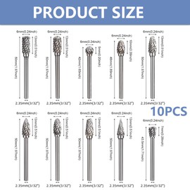 10 PCS Tungsten Carbide Steel Double Cut Rotary Burrs Set, Carbide Rotary Burr Set for Dremel with 1/8" Shank, Rotary Tool Accessories for DIY Woodworking Carving Metal Polishing Engraving Drilling