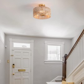 Hchunqjor 3-Light Antique Gold Woven Flush Mount Light Fixture Rustic Coastal Hemp Rope Brass Semi Flush Mount Ceiling Light for Hallway Bedroom Kitchen Entryway Farmhouse Living Room