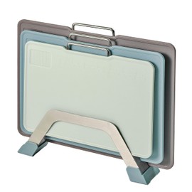 KOFRAND Plastic Cutting Boards with Grinding Area and Measurement, Cutting Boards for Kitchen Dishwasher Safe, Set of 3 with Holder, Non-Slip Design, Stainless Steel Handle, Blue