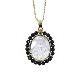 TAMHOPE Medal Mother of Pearl Necklace Virgin Mary Salvation Black Spinel Necklace, Faith Miraculous Locket Necklace for Women, One size, Agate