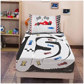 VELVETIO Racing Cars Fitted Sheet with Matching Pillowcases, Soft Polycotton Printed Bedsheet Double, Breathable Car Bedding Bedset, Grey