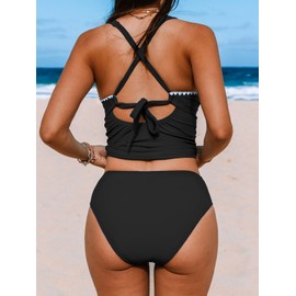 CUPSHE Women's Tankini Set Two Piece Bathing Suit Tummy Control Crisscross Back Tie Mid Rise Ruched, S Black