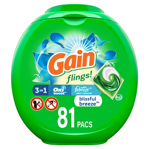 Gain Flings! Liquid Laundry Detergent Pacs, Blissful Breeze, 81 Count