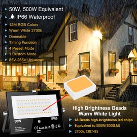 LED Flood Light Outdoor 500W Equivalent Color Changing Landscape Lighting, Timing+120 Colors Strobe+2700K Warm White+DIY Flash,IP66 Waterproof Up Stage RGB Led Light Indoor US 3Plug 6Pack with Stake
