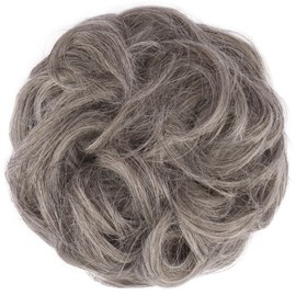 FESHFEN Messy Bun Hair Piece - Elastic Wavy Curly Hair Bun Scrunchies Extensions Synthetic Chignon Hairpieces for Women Girls, Salt and Pepper 1 PCS