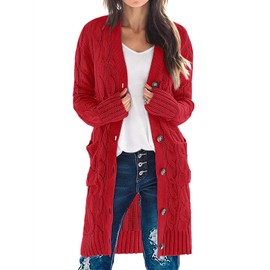 MEROKEETY Women's 2025 Long Sleeve Cable Knit Long Cardigan Open Front Button Sweater Outerwear Red X-Large