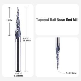 SpeTool Tapered Spiral End Mill Ball Nose Router Bit, 0.25 Radius, 1/8'' Shank, CNC Milling Cutter, Solid Tungsten Carbide, TiAlN Coated for 2D and 3D Engraving